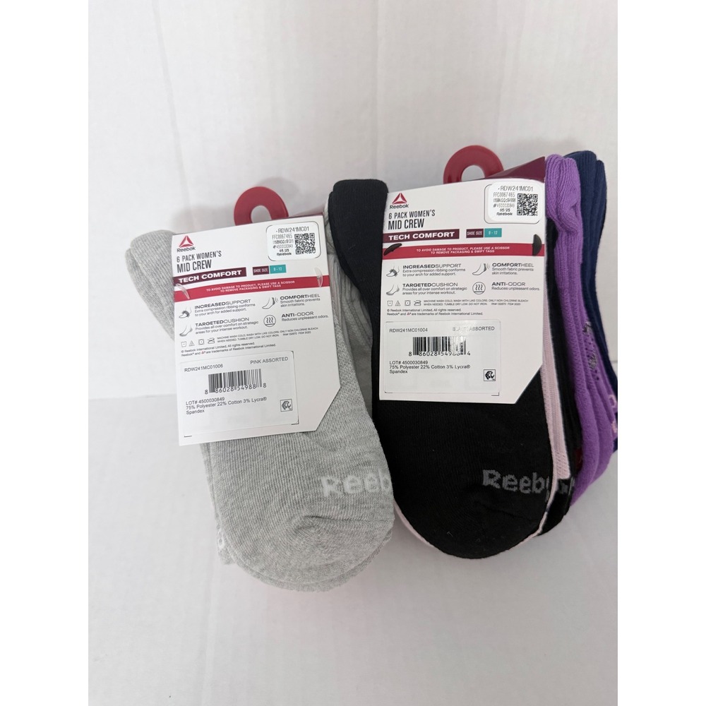 Reebok Womens Tech Comfort Mid Crew Socks 12 Pack Extended Size 9-12 Black Pink - Picture 6 of 6